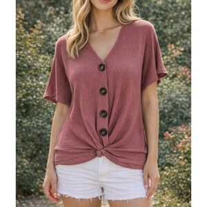 Daytrip Womens Mauve Ribbed Knit Button Front Twist Knot Hem Top Large Snags